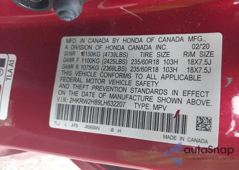 2020 Honda Cr-V Awd Ex-L z USA, uszkodzony, nr VIN 2HKRW2H89LH632207